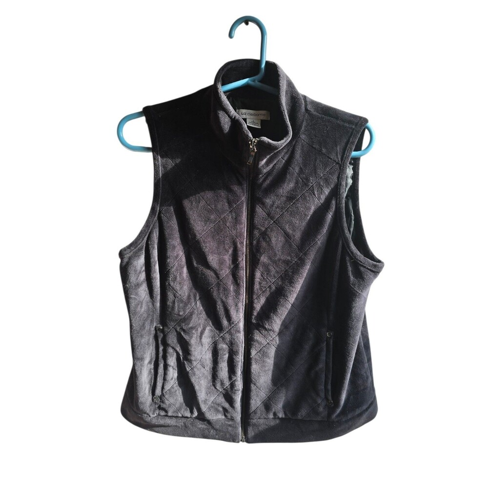 Liz Claiborne Vest Womens MP Black Velvet Zip-Up Mock Neck Preppy Modest